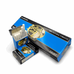 Rolled Gold Lights King Size Cigarettes pack and box with natural tobacco branding