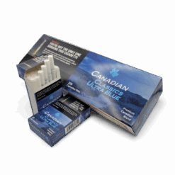 Canadian Classic Ultra Blue King Size Cigarette pack and carton with branded blue packaging