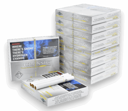 Classic Extra Lights King Size Cigarettes – Canadian cartons and open pack with white and gold design.