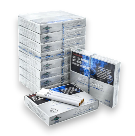 Stack of Classic Lights King Size Cigarette cartons with open pack and visible cigarettes, showing health warning and minimalist white packaging.